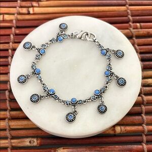 Premier Designs Silver Bracelet with Blue Charms 7.25”